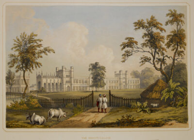 The Bishops College. View of the college with men and cattle in the foreground. From Views Of Calcutta And Its Environs, Sir Charles D'Oyly, London 1848.