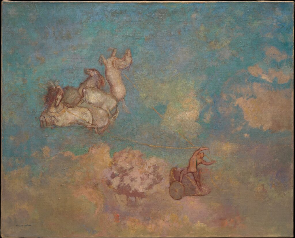 A charioteer drives four white horses through a cloudy sky.