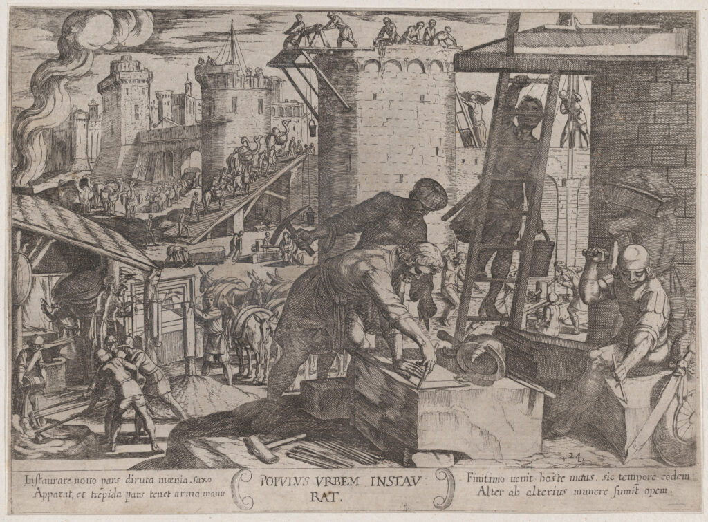 A Renaissance etching by Antonio Tempesta depicting the Israelites rebuilding Jerusalem
