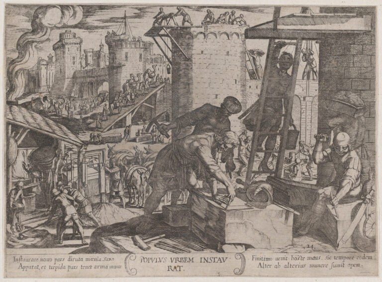A Renaissance etching by Antonio Tempesta depicting the Israelites rebuilding Jerusalem