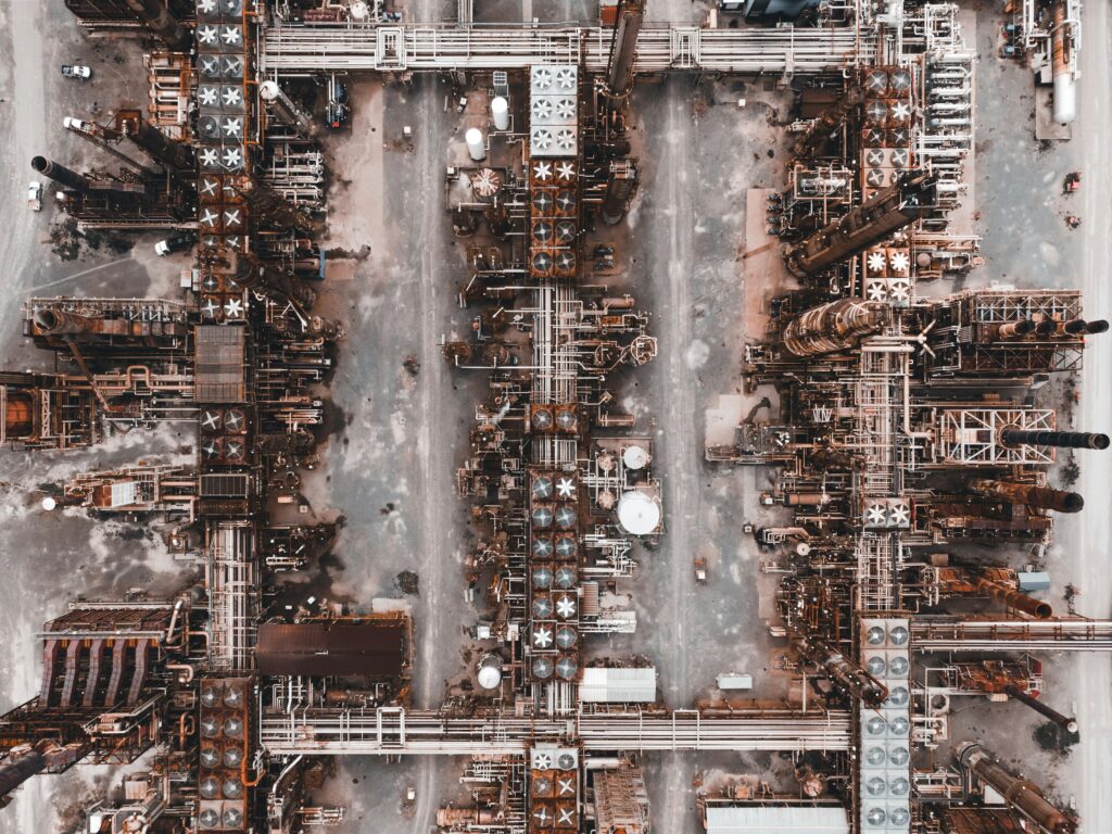 A view of a factory seen from above.